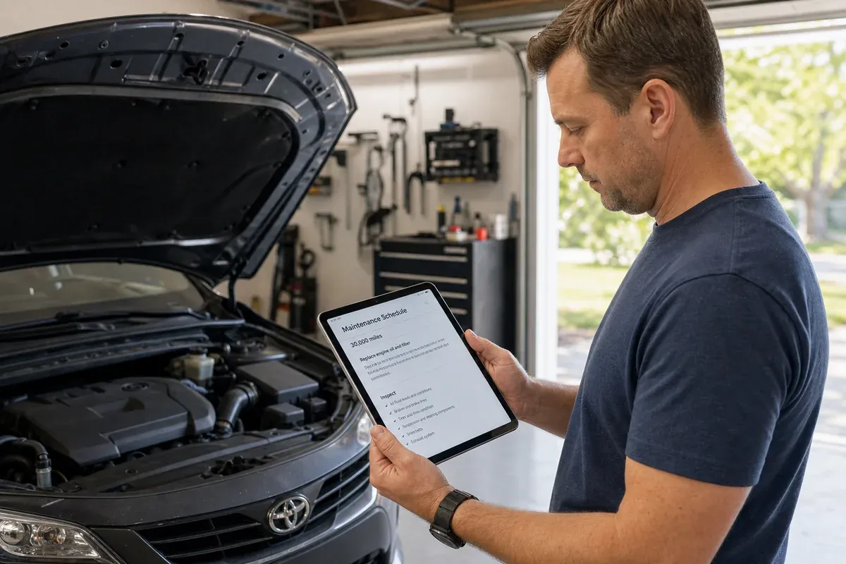 Neue Fahrzeugbesitzerin liest Diagnoseinformationen auf Tablet, 1200x800