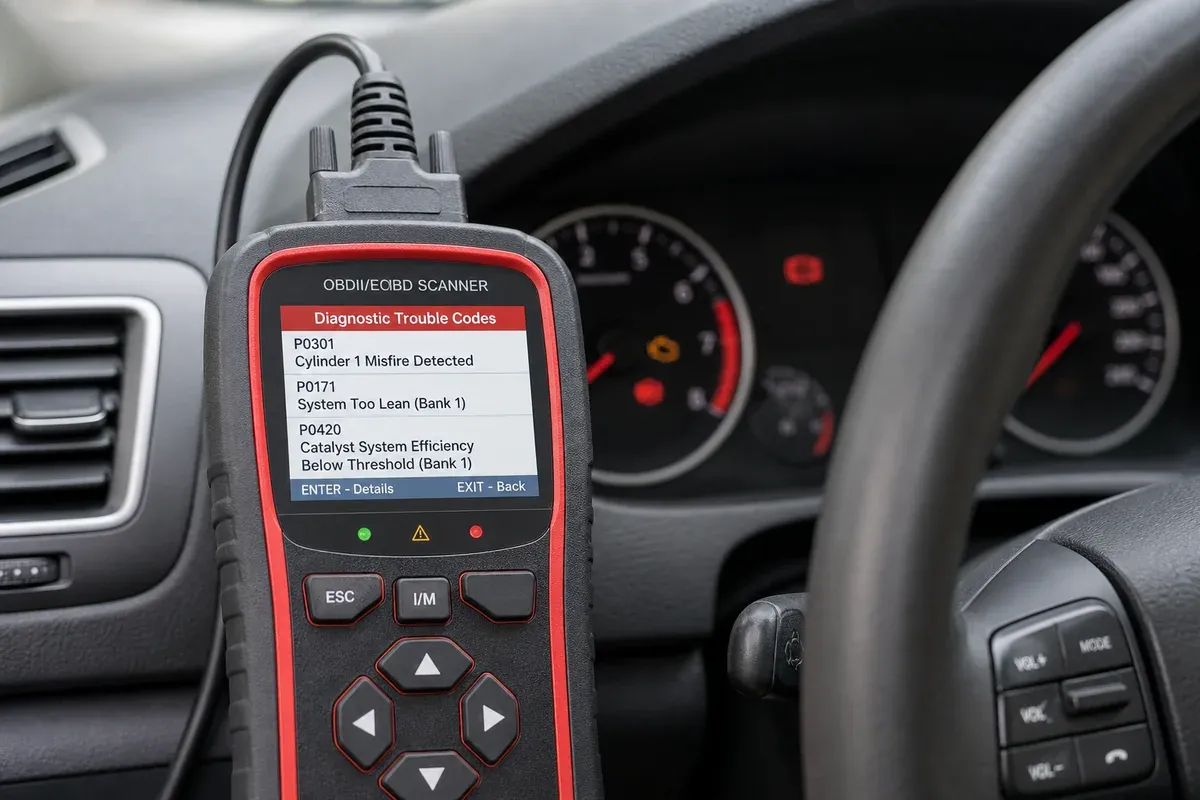 OBD-Diagnosegerät nach Fahrzeugkauf mit Fehlercode-Anzeige, 1200x800